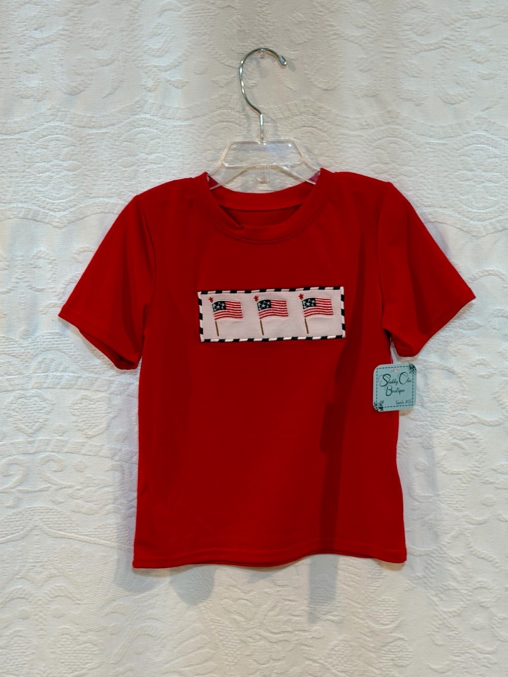 Shabby Chic Red Short Sleeve Tee with Flag Patch